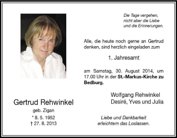 Traueranzeige von Gertrud Rehwinkel von Tageszeitung